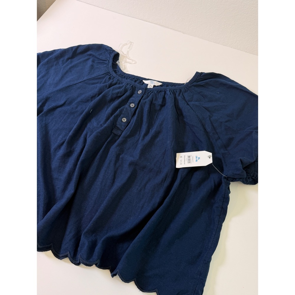 Time and Tru Women XL Dark Navy Linen Scallop Hem Henley Short Sleeve Blouse NWT